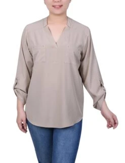 NY Collection Petite Roll Tab Sleeve Blouse with Studded Pockets