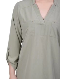 NY Collection Petite Roll Tab Sleeve Blouse with Studded Pockets -Dressbarn Store roll tab sleeve blouse with pockets petite 706971