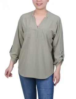 NY Collection Petite Roll Tab Sleeve Blouse with Studded Pockets -Dressbarn Store roll tab sleeve blouse with pockets petite 862173