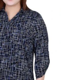 Plus Size Studded Y-Neck Top with 3/4 Roll Tab Sleeves -Dressbarn Store royal abstract 34 roll tab sleeve studded y neck top plus 109691