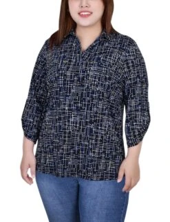 Plus Size Studded Y-Neck Top with 3/4 Roll Tab Sleeves