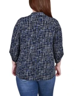 Plus Size Studded Y-Neck Top with 3/4 Roll Tab Sleeves -Dressbarn Store royal abstract 34 roll tab sleeve studded y neck top plus 668144