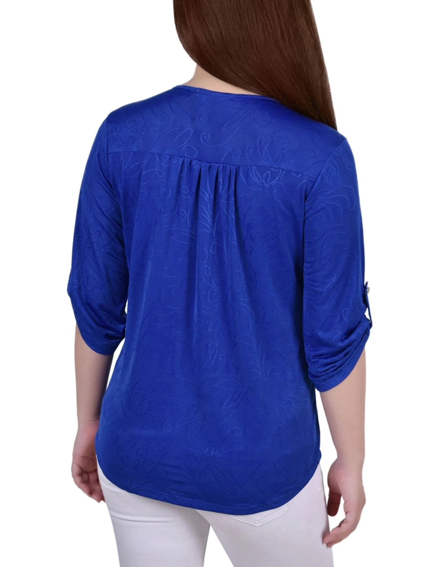 Royal Sakadotduo Petite 3/4 Roll Tab Zip Front Jacquard Knit Top 4 Royal Sakadotduo Petite 3/4 Roll Tab Zip Front Jacquard Knit Top - Image 4