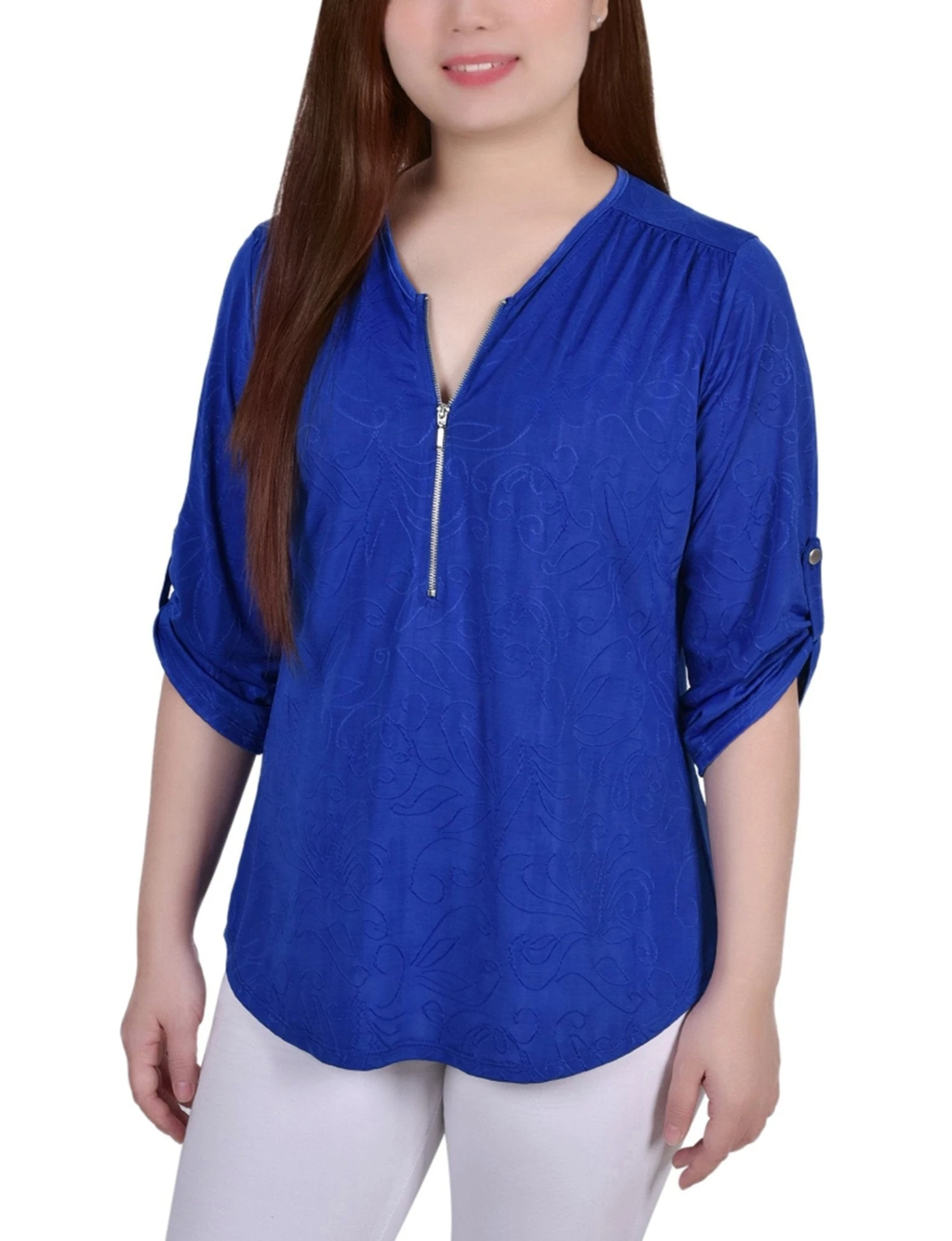 Royal Sakadotduo Petite 3/4 Roll Tab Zip Front Jacquard Knit Top 1 Royal Sakadotduo Petite 3/4 Roll Tab Zip Front Jacquard Knit Top