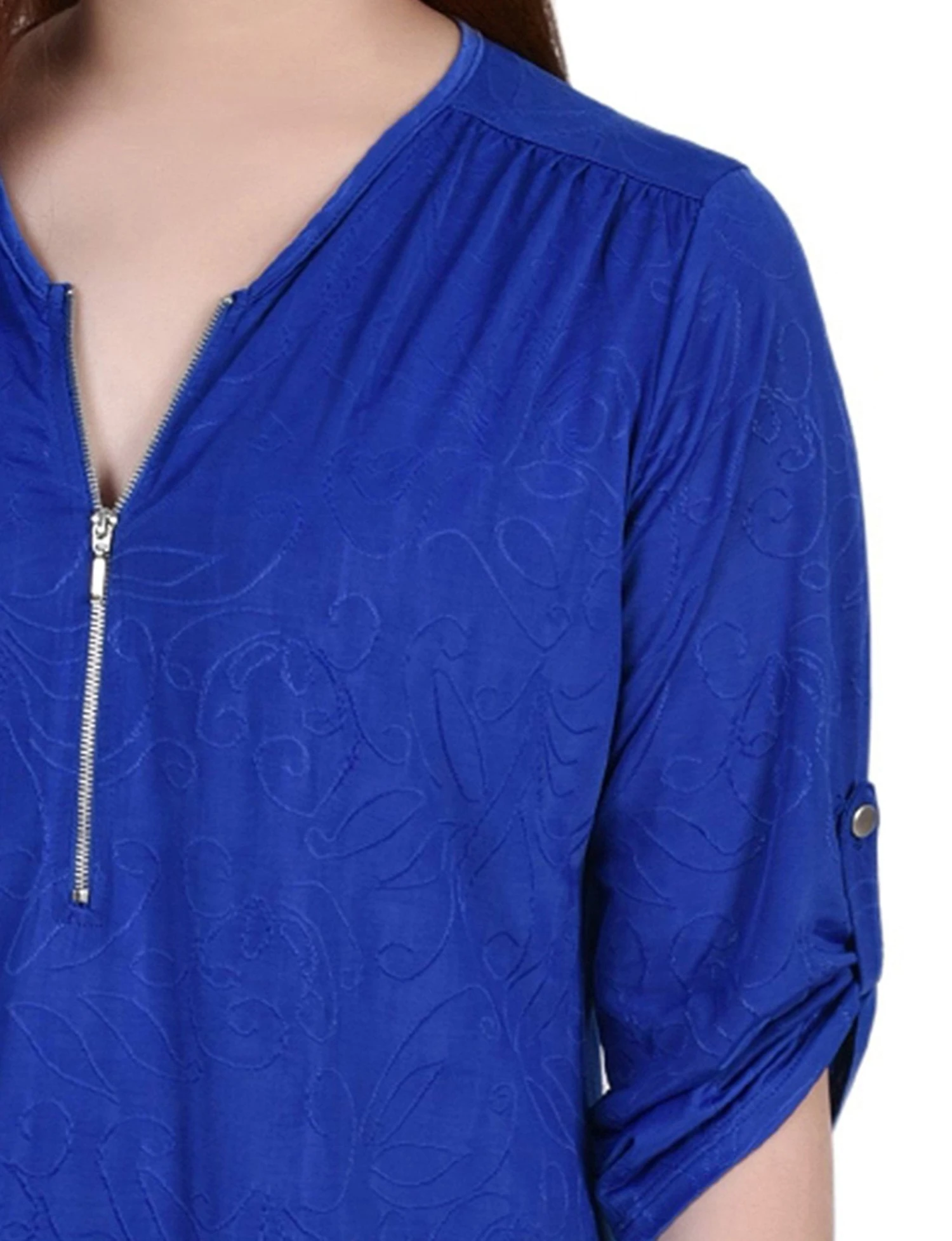 Royal Sakadotduo Petite 3/4 Roll Tab Zip Front Jacquard Knit Top 3 Royal Sakadotduo Petite 3/4 Roll Tab Zip Front Jacquard Knit Top - Image 3