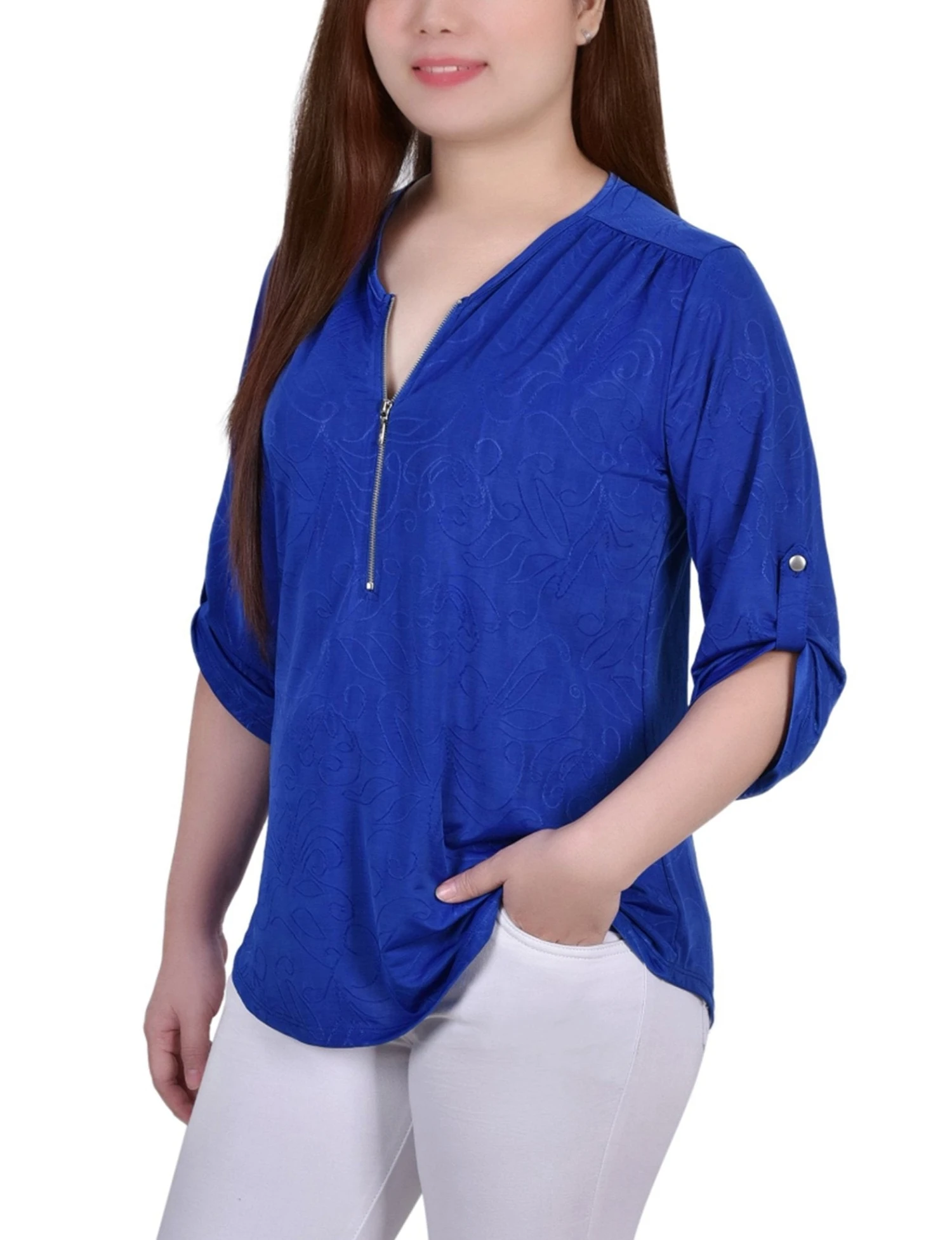 Royal Sakadotduo Petite 3/4 Roll Tab Zip Front Jacquard Knit Top 2 Royal Sakadotduo Petite 3/4 Roll Tab Zip Front Jacquard Knit Top - Image 2