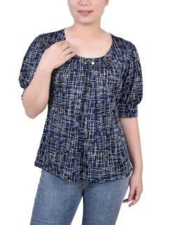 Petite Abstract Royal White Balloon Sleeve Knit Top