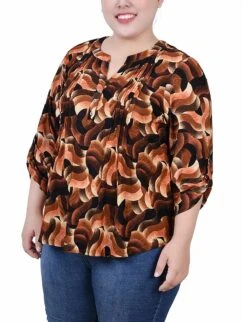 Plus Size Rust & Black Abstract Roll Tab Pullover Top