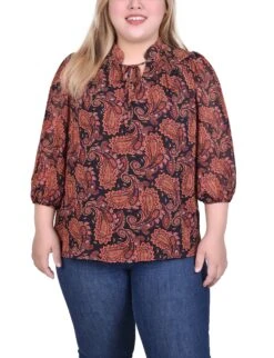 Elegant Plus Size Paisley Chiffon Blouse with 3/4 Sleeves - Rust & Black