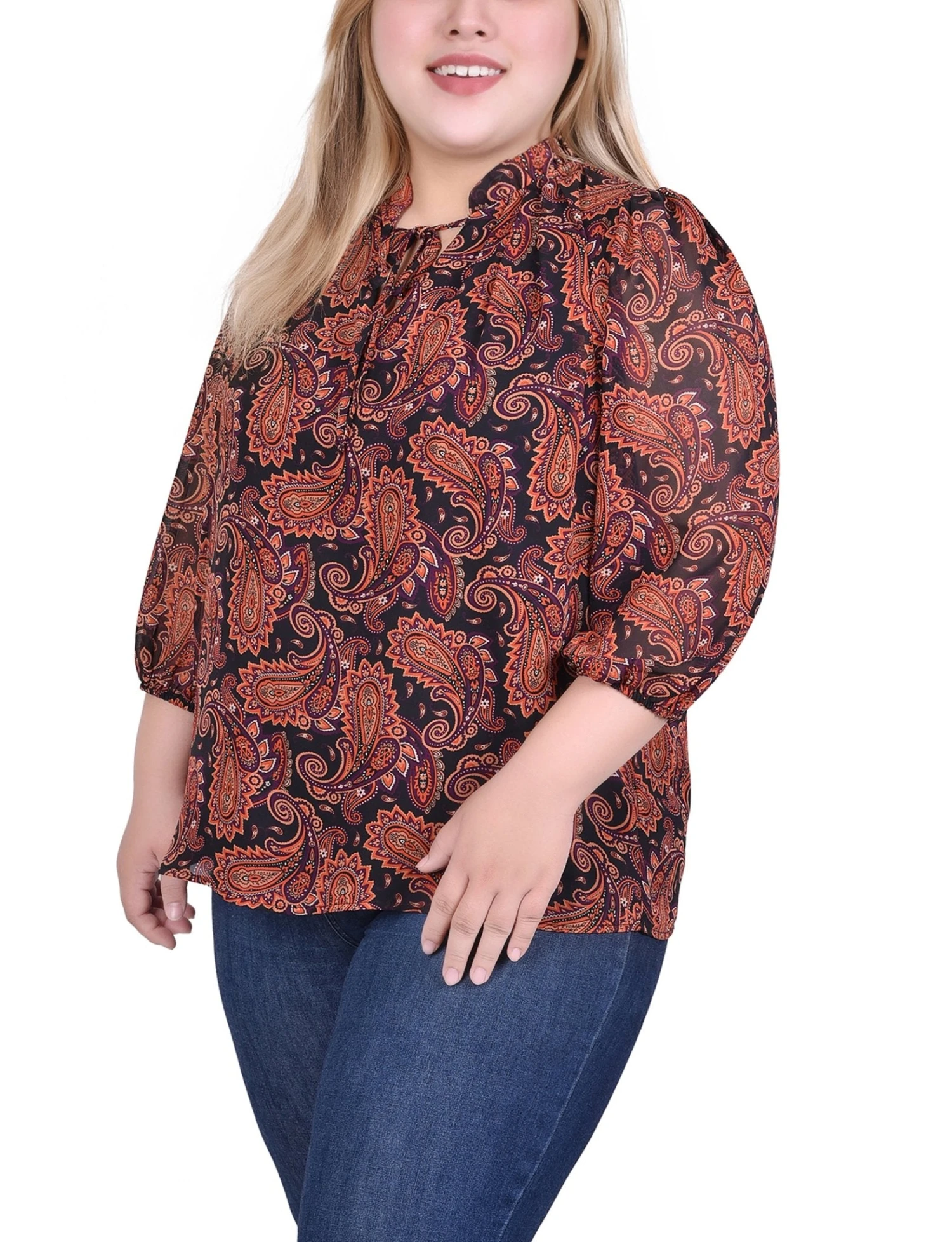 Elegant Plus Size Paisley Chiffon Blouse with 3/4 Sleeves - Rust & Black 2 Elegant Plus Size Paisley Chiffon Blouse with 3/4 Sleeves - Rust & Black - Image 2