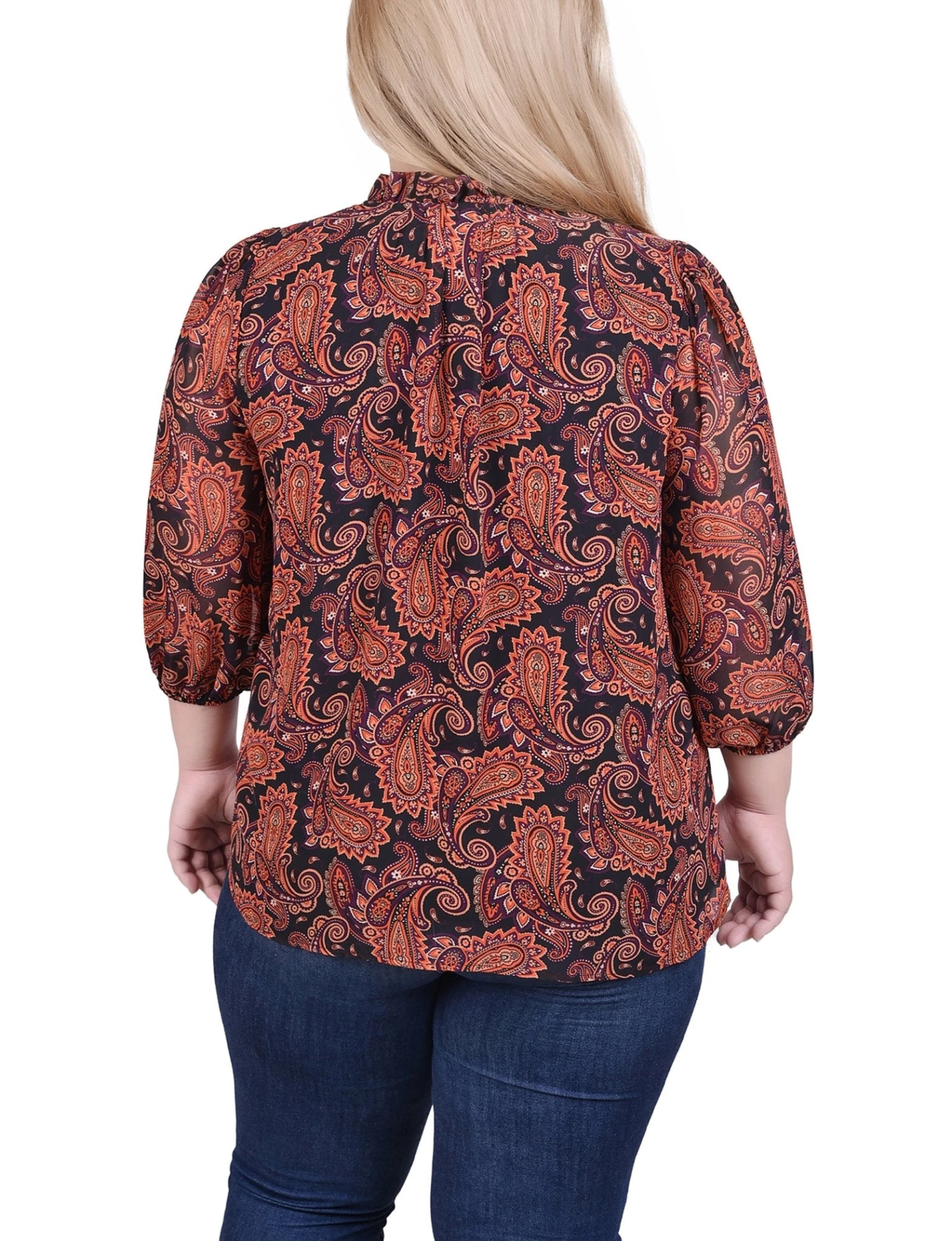 Elegant Plus Size Paisley Chiffon Blouse with 3/4 Sleeves - Rust & Black 4 Elegant Plus Size Paisley Chiffon Blouse with 3/4 Sleeves - Rust & Black - Image 4
