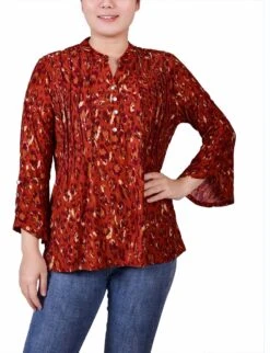 Petite Y-Neck Top with Overlapped Bell Sleeves and Pintuck Detail