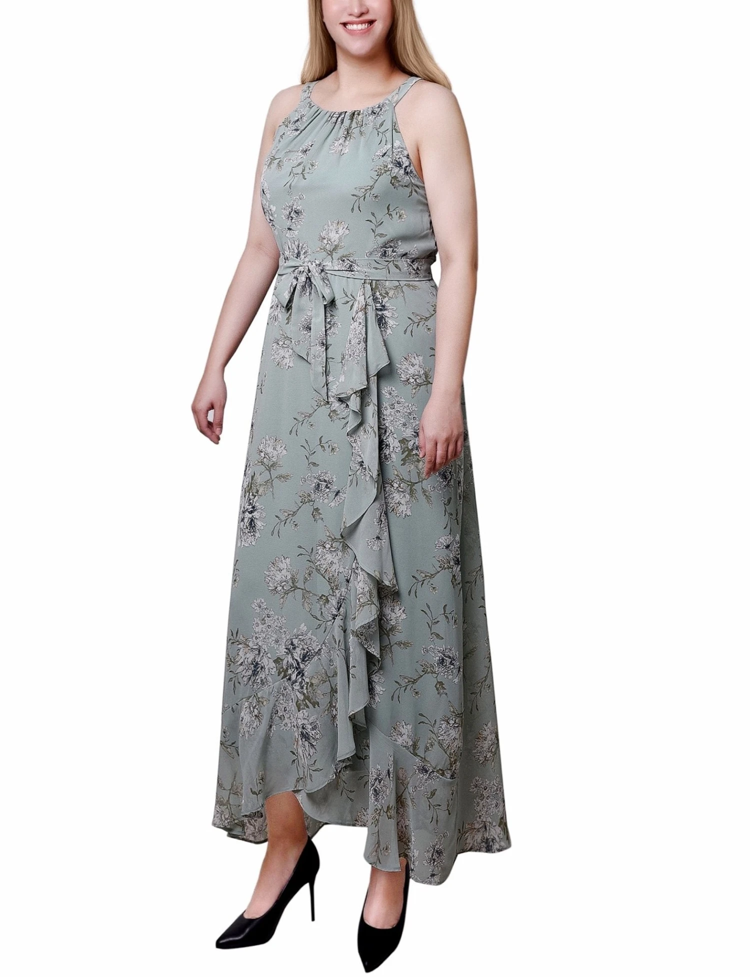 Petite Sage and Ivory Floral Halter Chiffon Maxi Dress with Grecian Neckline 2 Petite Sage and Ivory Floral Halter Chiffon Maxi Dress with Grecian Neckline - Image 2