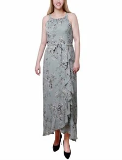 Petite Sage and Ivory Floral Halter Chiffon Maxi Dress with Grecian Neckline