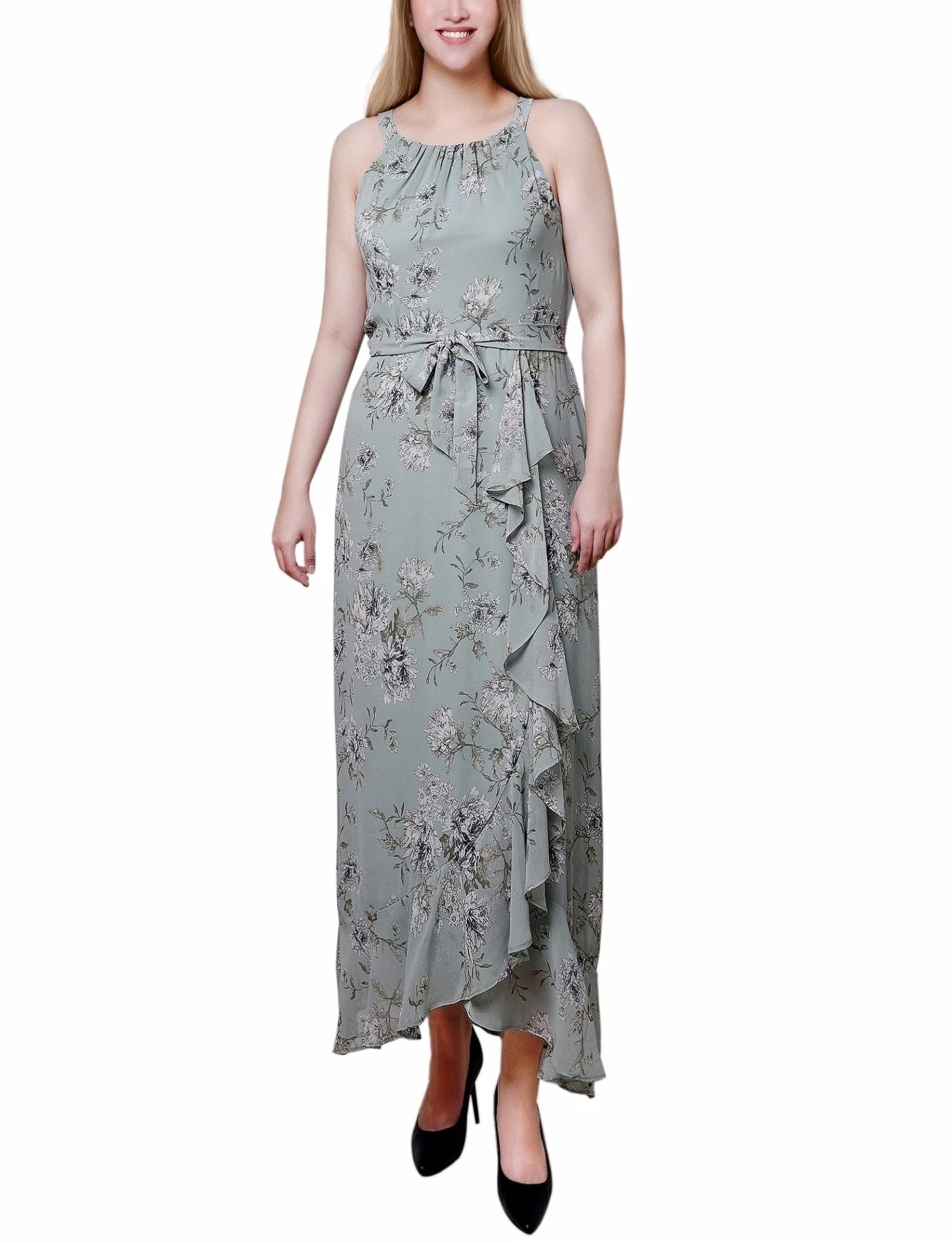 Petite Sage and Ivory Floral Halter Chiffon Maxi Dress with Grecian Neckline 1 Petite Sage and Ivory Floral Halter Chiffon Maxi Dress with Grecian Neckline