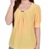 Short Sleeve Balloon Sleeve Top with Hardware Detail