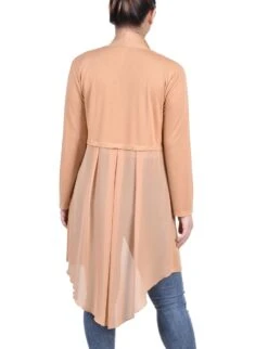 Sand Long Sleeve Knit Cardigan with Chiffon Back - Women's Hi-Low Layer -Dressbarn Store sand long sleeve knit cardigan with chiffon back 802188