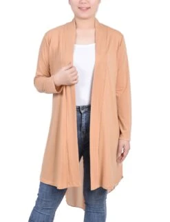 Sand Long Sleeve Knit Cardigan with Chiffon Back - Women's Hi-Low Layer