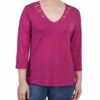Sangria Petite 3/4 Sleeve Top with Illusion Neckline and Stones