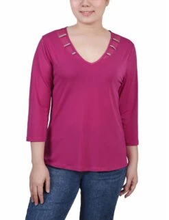 Sangria Petite 3/4 Sleeve Top with Illusion Neckline and Stones