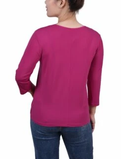 Sangria Petite 3/4 Sleeve Top with Illusion Neckline and Stones -Dressbarn Store sangria 34 sleeve top with illusion neckline and stones petite 760612