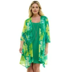 Sara Michelle Green Floral 3/4 Sleeve 2-Fer Plus Size Dress with Necklace