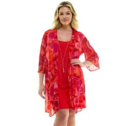 Sara Michelle Magenta Floral 3/4 Sleeve 2Fer Dress with Necklace
