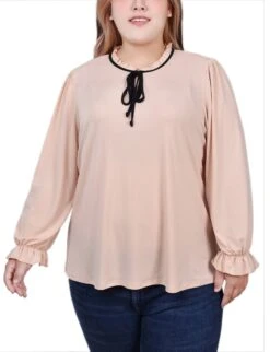 Semolina Plus Size Black Long Sleeve Tie Neck Top with Ruffle
