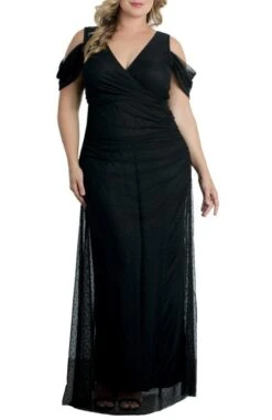 Plus Size Mesh Evening Gown - Cold Shoulder Floor-Length Dress