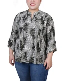 Shadow Black Animal Print Y-Neck Plus Size Top with Bell Sleeves