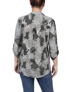 Shadow Black Animal Print 3/4 Sleeve Roll Tab Y Neck Petite Top -Dressbarn Store shadow black animal 34 sleeve roll tab y neck top petite 121251