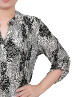 Shadow Black Animal Print 3/4 Sleeve Roll Tab Y Neck Petite Top -Dressbarn Store shadow black animal 34 sleeve roll tab y neck top petite 517722