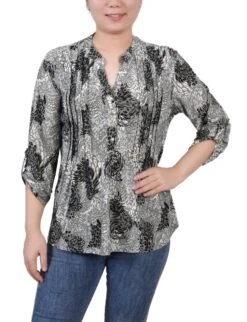Shadow Black Animal Print 3/4 Sleeve Roll Tab Y Neck Petite Top