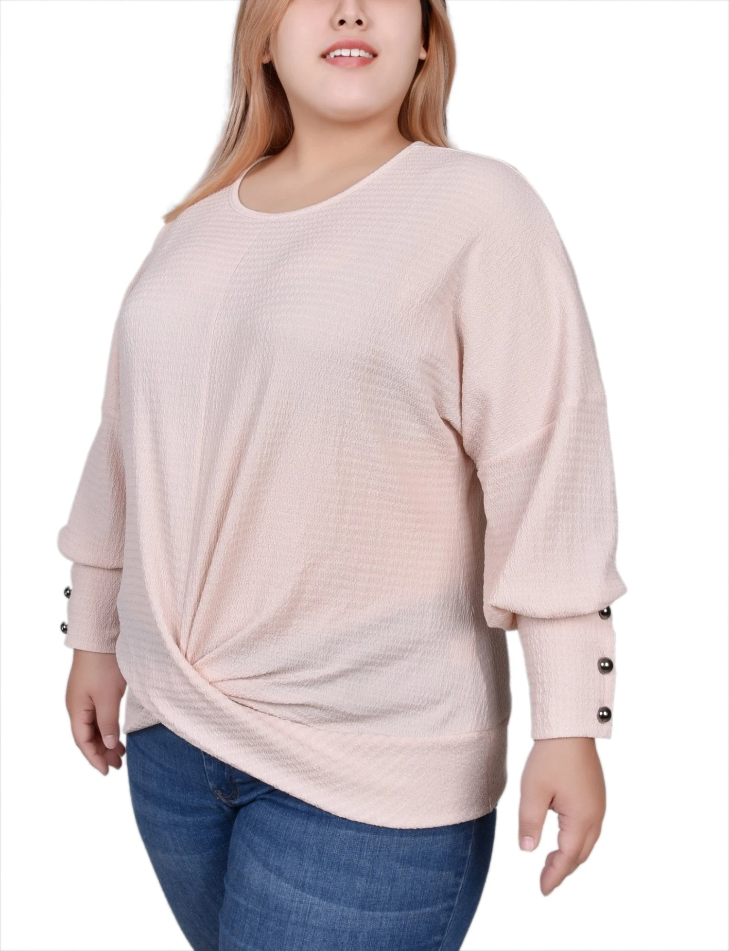 Plus Size Shell Pink Twist Front Long Sleeve Textured Knit Top 2 Plus Size Shell Pink Twist Front Long Sleeve Textured Knit Top - Image 2