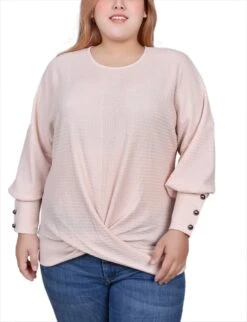 Plus Size Shell Pink Twist Front Long Sleeve Textured Knit Top