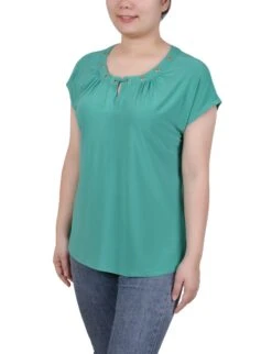 NY Collection Petite Grommet Neck Knit Top with Extended Sleeves 27 NY Collection Petite Grommet Neck Knit Top with Extended Sleeves -Dressbarn Store short extended sleeve grommet neck knit top petite 305789