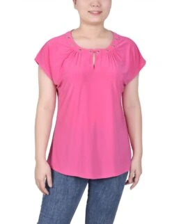 NY Collection Petite Grommet Neck Knit Top with Extended Sleeves 38 NY Collection Petite Grommet Neck Knit Top with Extended Sleeves -Dressbarn Store short extended sleeve grommet neck knit top petite 323618