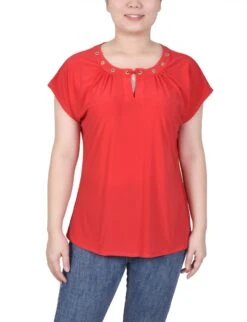 NY Collection Petite Grommet Neck Knit Top with Extended Sleeves 24 NY Collection Petite Grommet Neck Knit Top with Extended Sleeves -Dressbarn Store short extended sleeve grommet neck knit top petite 563626