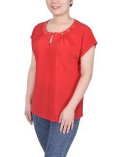 NY Collection Petite Grommet Neck Knit Top with Extended Sleeves 23 NY Collection Petite Grommet Neck Knit Top with Extended Sleeves -Dressbarn Store short extended sleeve grommet neck knit top petite 589450
