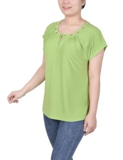 NY Collection Petite Grommet Neck Knit Top with Extended Sleeves 36 NY Collection Petite Grommet Neck Knit Top with Extended Sleeves -Dressbarn Store short extended sleeve grommet neck knit top petite 606311