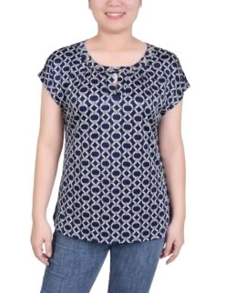 NY Collection Petite Grommet Neck Knit Top with Extended Sleeves 32 NY Collection Petite Grommet Neck Knit Top with Extended Sleeves -Dressbarn Store short extended sleeve grommet neck knit top petite 631153