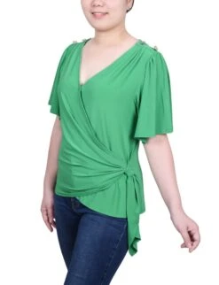 NY Collection Petite Short Sleeve Wrap Top - Flutter Sleeve Jersey Knit -Dressbarn Store short sleeve wrap top petite 234301