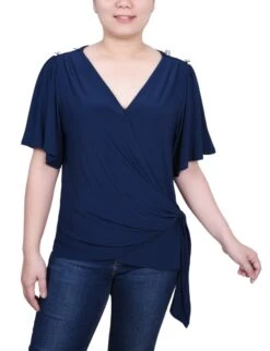 NY Collection Petite Short Sleeve Wrap Top - Flutter Sleeve Jersey Knit