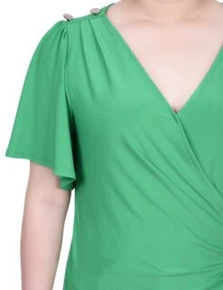 NY Collection Petite Short Sleeve Wrap Top - Flutter Sleeve Jersey Knit -Dressbarn Store short sleeve wrap top petite 802717