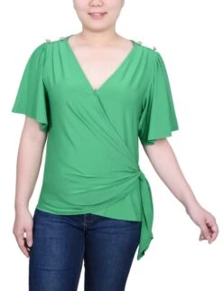 NY Collection Petite Short Sleeve Wrap Top - Flutter Sleeve Jersey Knit -Dressbarn Store short sleeve wrap top petite 802989
