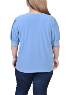 Plus Size Silver Lake Blue Balloon Sleeve Top with Elegant Hardware Detail -Dressbarn Store silver lake blue short sleeve balloon sleeve top with hardware plus 401780