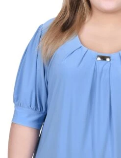 Plus Size Silver Lake Blue Balloon Sleeve Top with Elegant Hardware Detail -Dressbarn Store silver lake blue short sleeve balloon sleeve top with hardware plus 547968