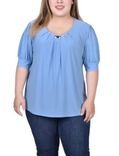 Plus Size Silver Lake Blue Balloon Sleeve Top with Elegant Hardware Detail