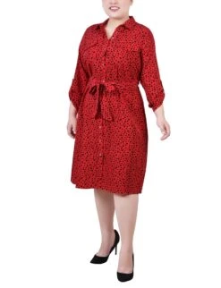 Ski Patrol Black Icemoon 3/4 Roll Tab Sleeve Belted Shirtdress - Plus Size