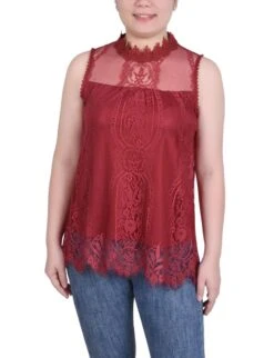 NY Collection Petite Sleeveless Mock Neck Lace Top